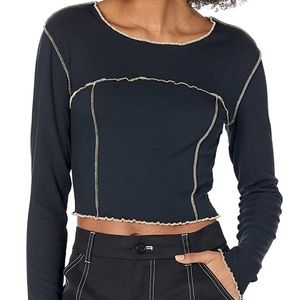 NWT The Drop Everleigh Long Sleeve Cropped Top With Exposed Seam Detail Black XS
